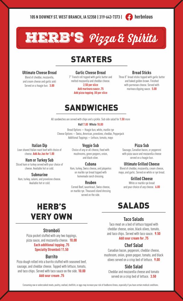 Herb N' Lou's Pizza Menu image 1
